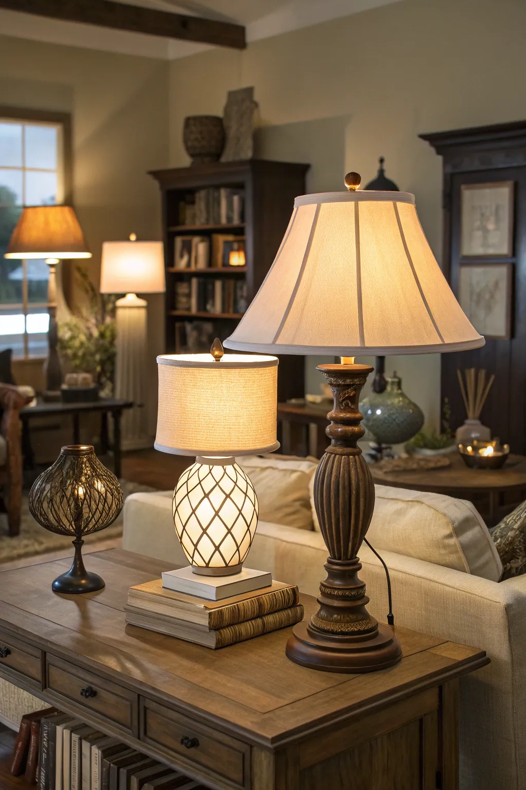 Layered lighting creates a warm and inviting atmosphere.