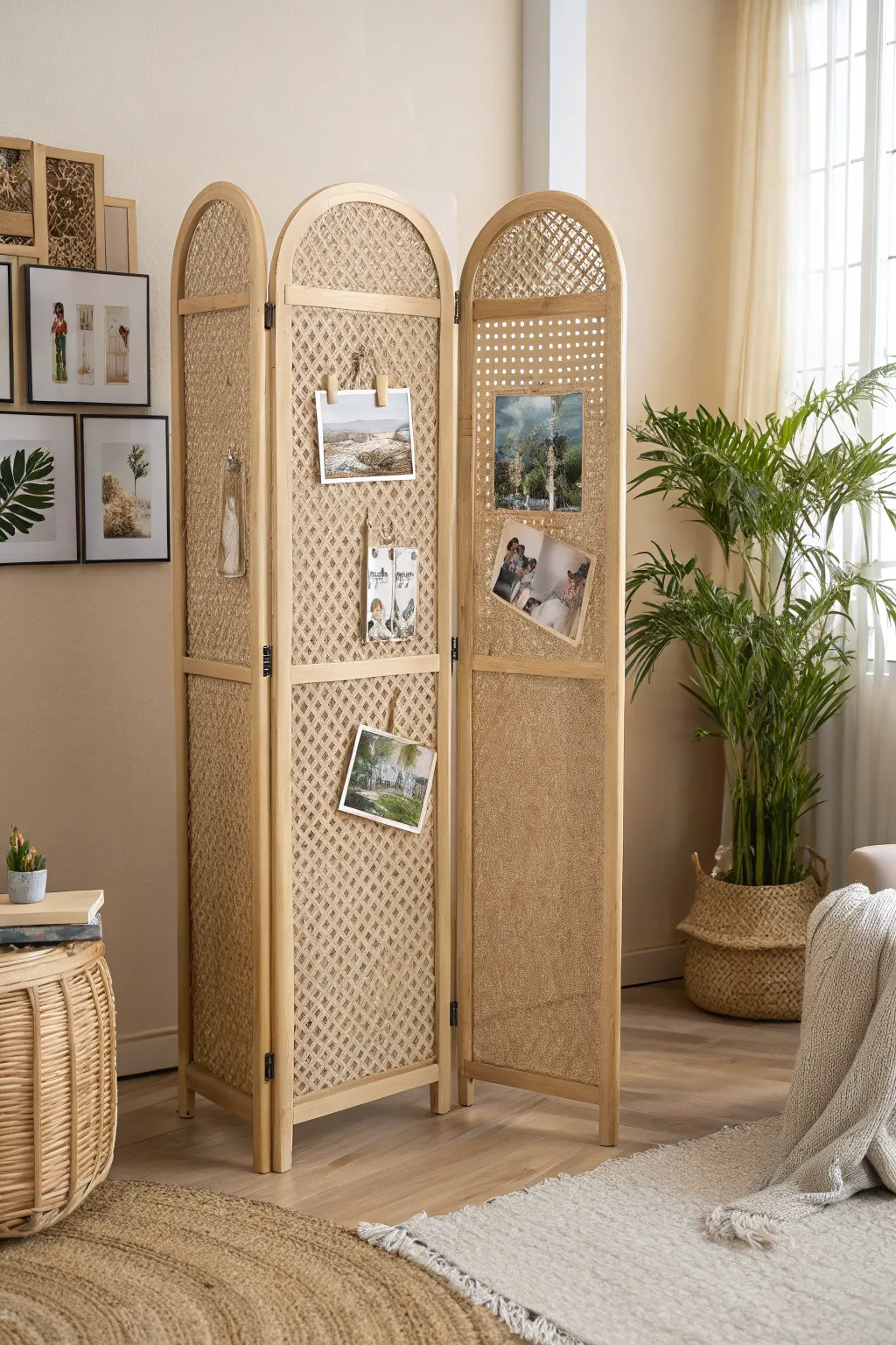Transform your space with a postcard gallery on a chic folding screen, blending Scandinavian simplicity with Boho charm.