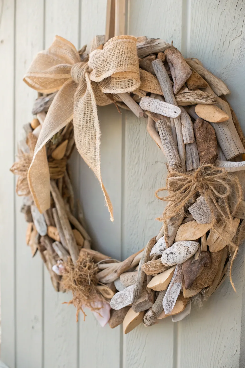 Embrace coastal rustic charm with a driftwood and burlap wreath, perfect for adding a touch of serene beauty to your home.