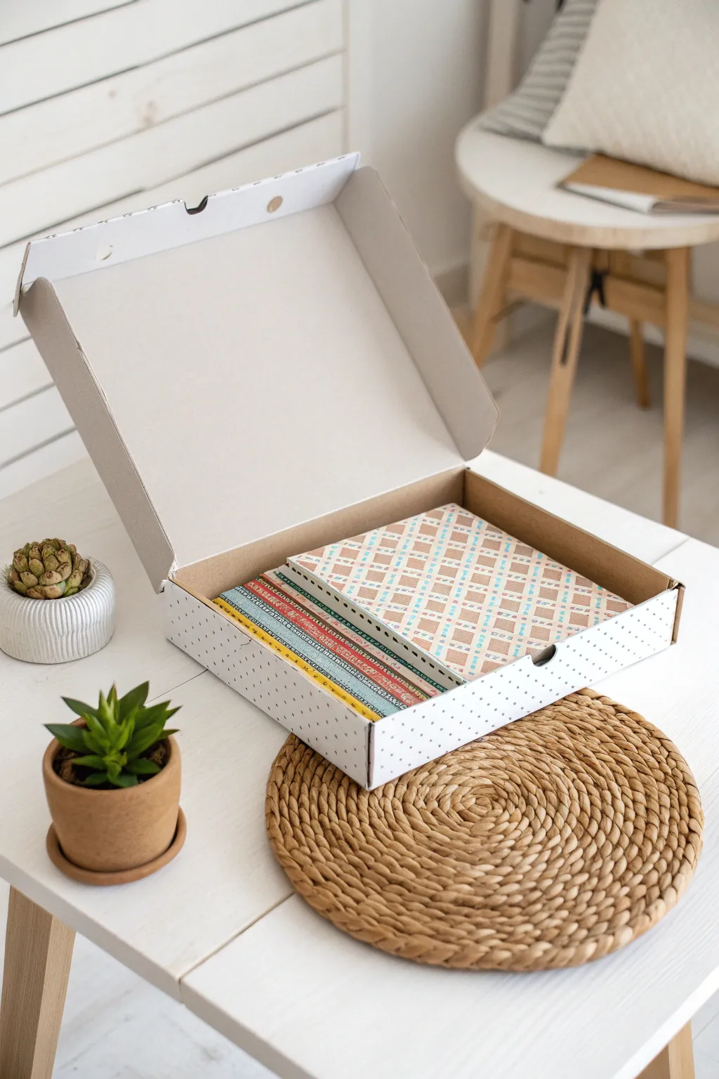 Transform a simple pizza box into a chic organizer for your scrapbook papers with this minimalist and boho-inspired idea!
