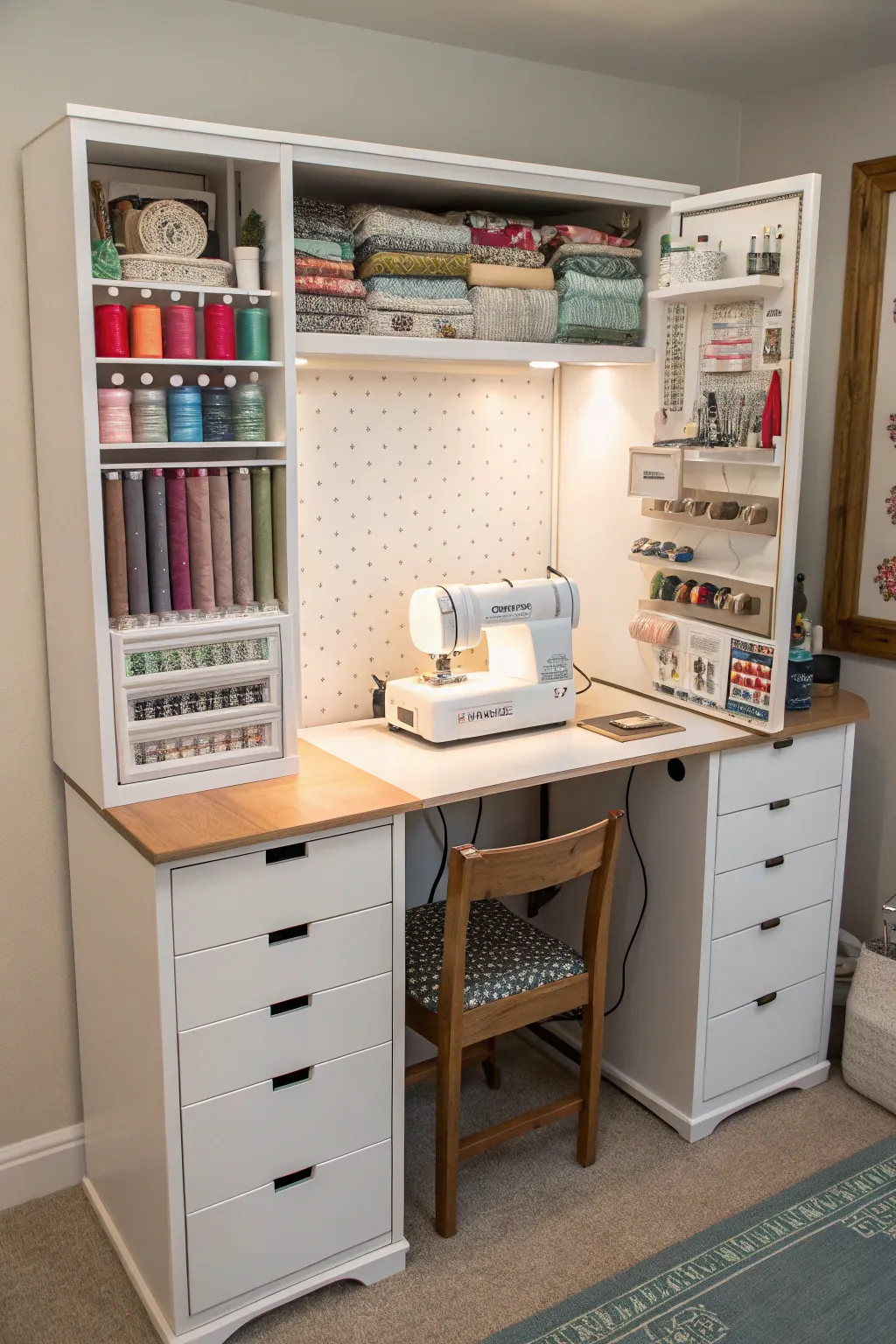 Compact workstation for efficient use of space in a sewing room.