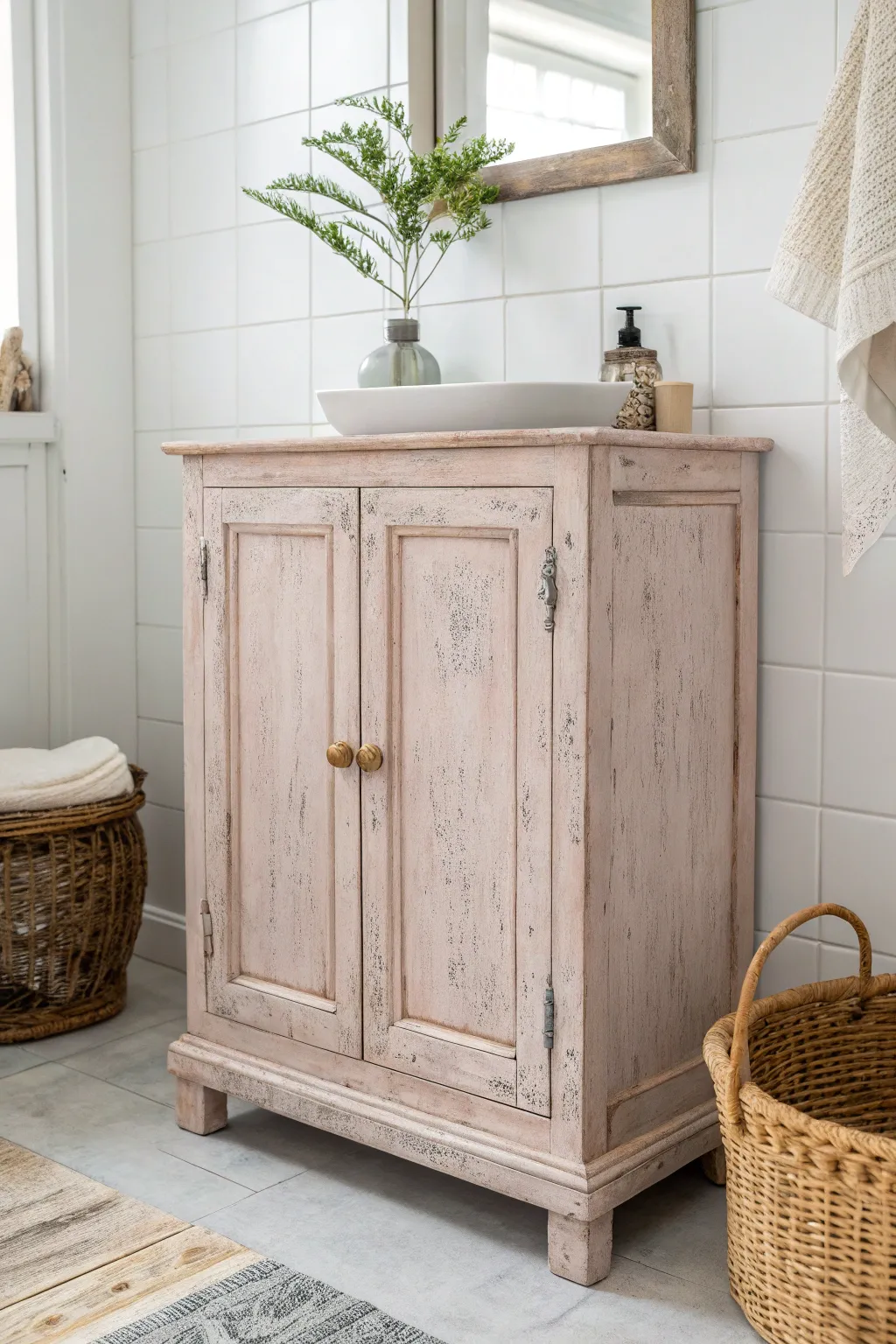 Transform your bathroom with rustic charm by distressing your cabinets for a cozy, boho-inspired look.