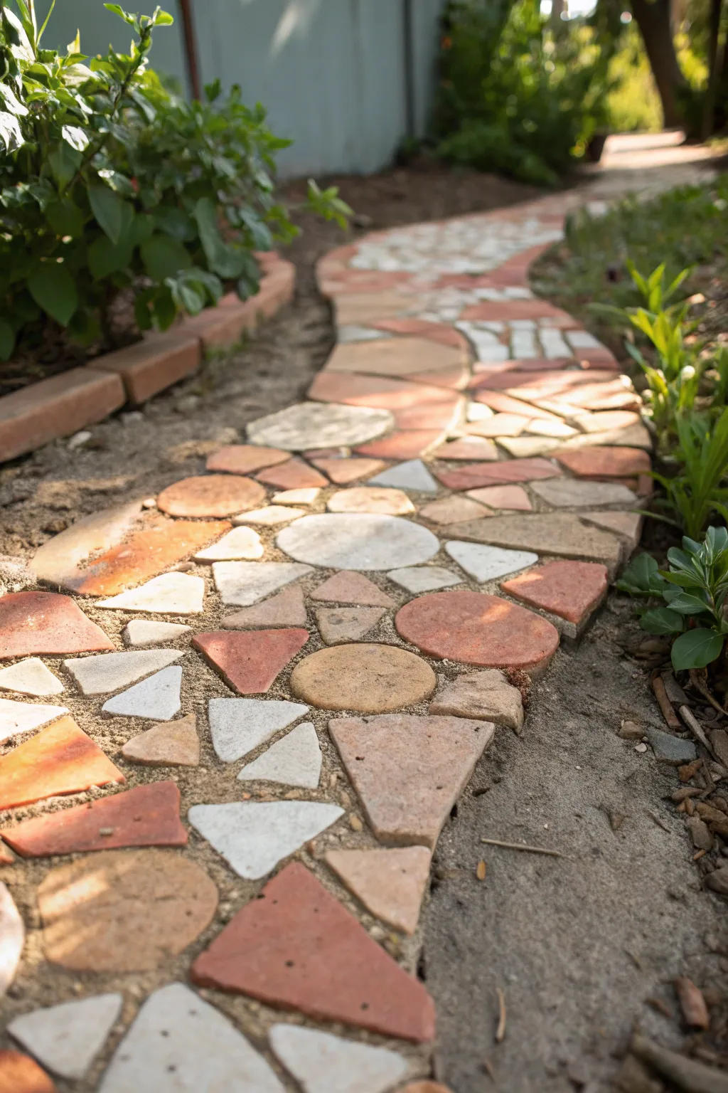 Transform broken clay pots into stunning mosaic art for your garden path. Embrace simplicity and natural beauty with a touch of boho elegance.