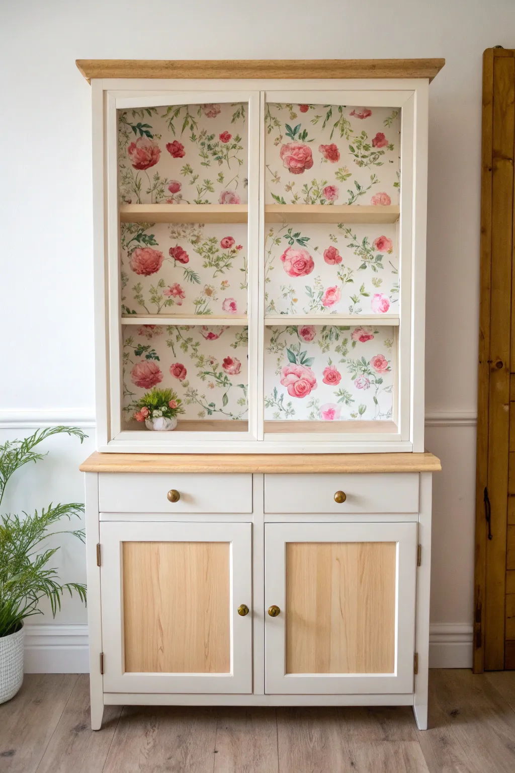 Transform your hutch with a surprise floral backdrop for that perfect blend of simplicity and charm!