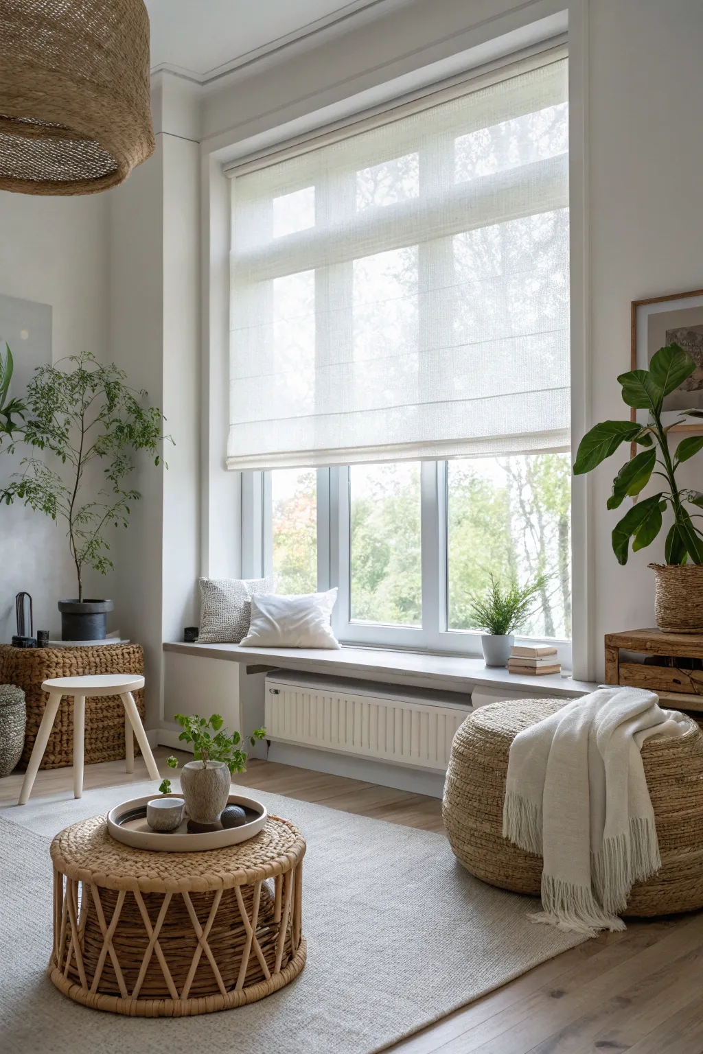 Elegantly fill the gap with a chic roller shade, blending minimalist design with boho charm.
