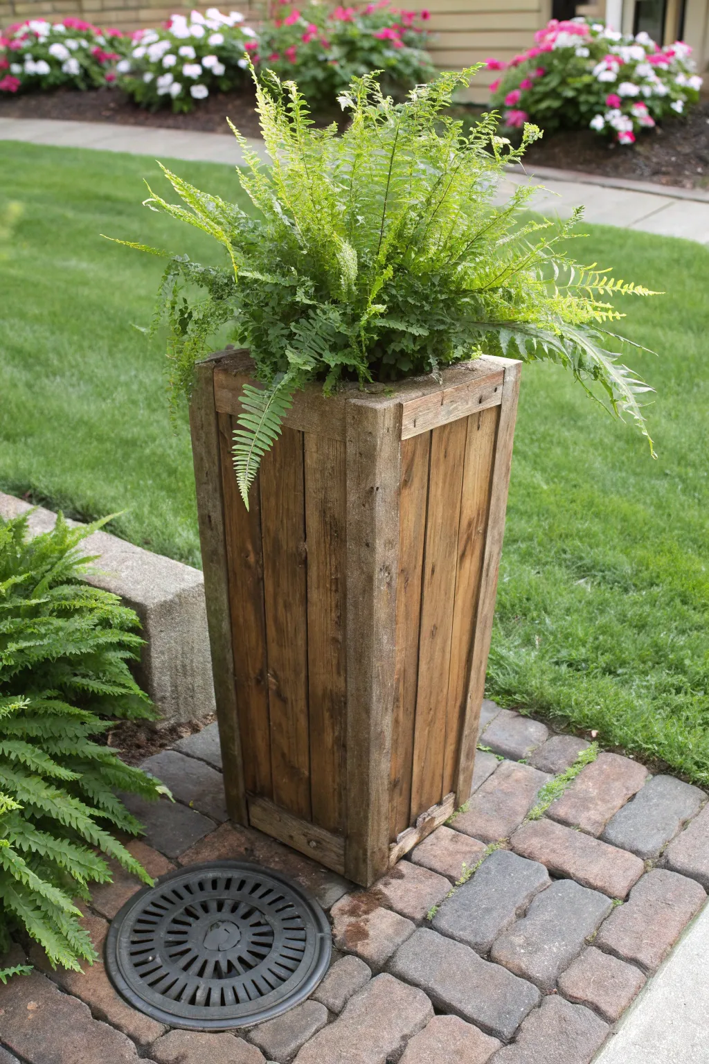 Transform your yard with stylish tall planters that artfully conceal unsightly pipes while adding a touch of natural elegance.