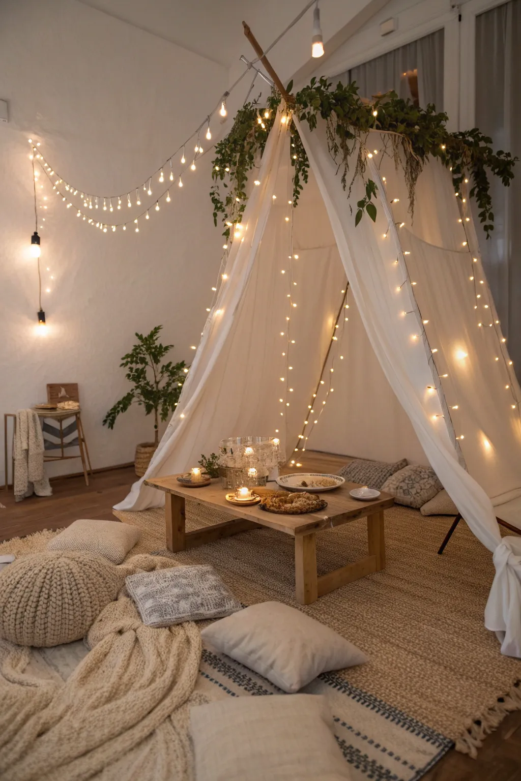 Create a magical indoor camping vibe with enchanting string lights, perfect for a cozy birthday celebration.