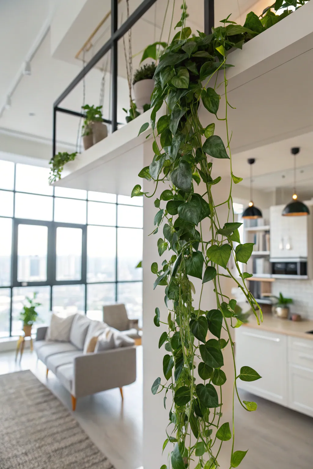 Vining plants add a soft, natural touch to high spaces.
