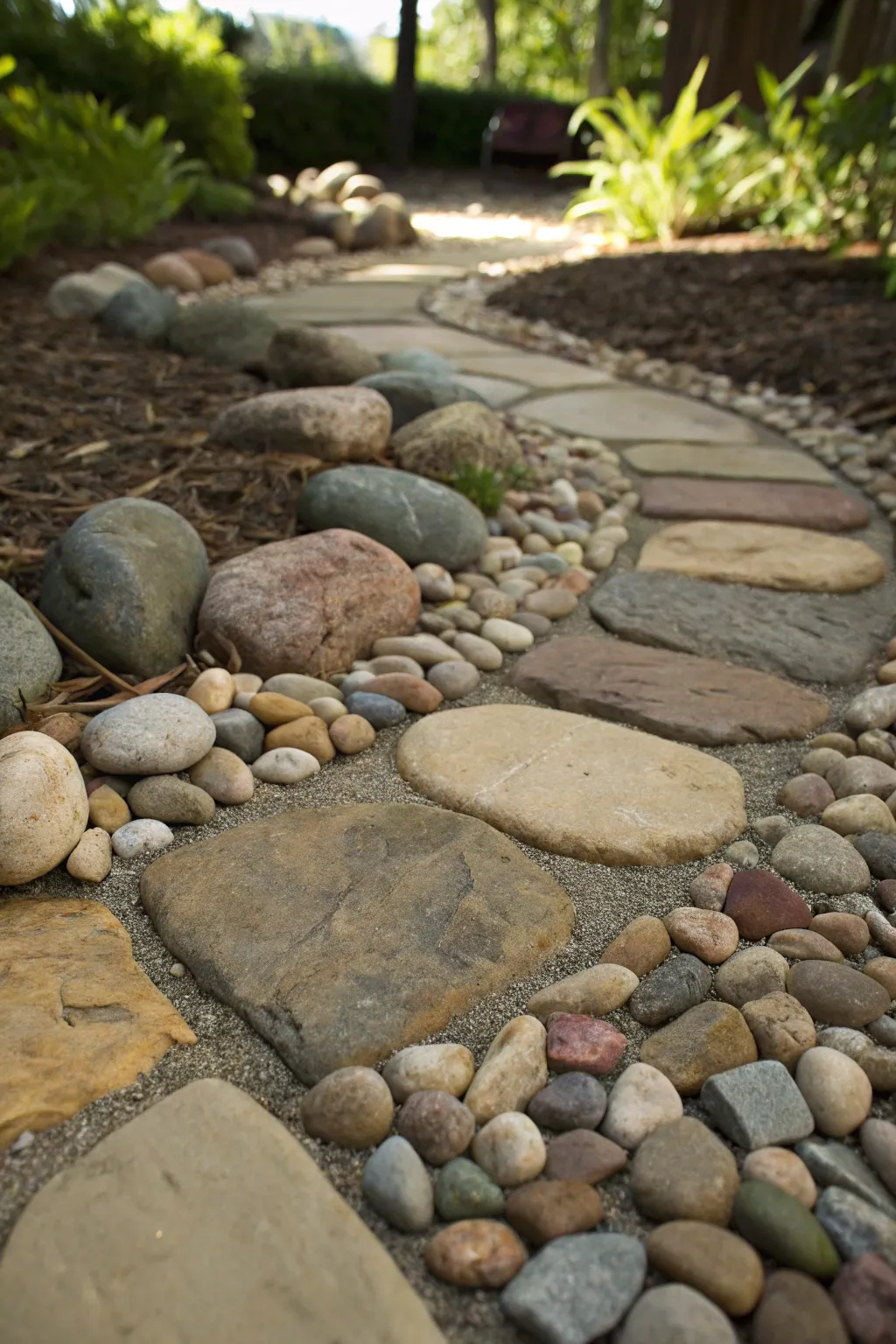 Step into elegance with a pebble and stone path that combines texture and artistry.
