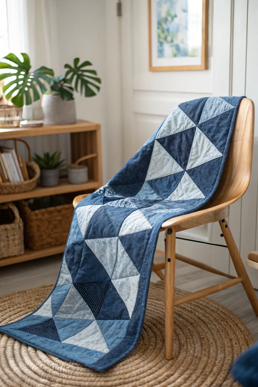 Dive into geometric whimsy with this stunning jean quilt—where minimalist design meets boho charm.