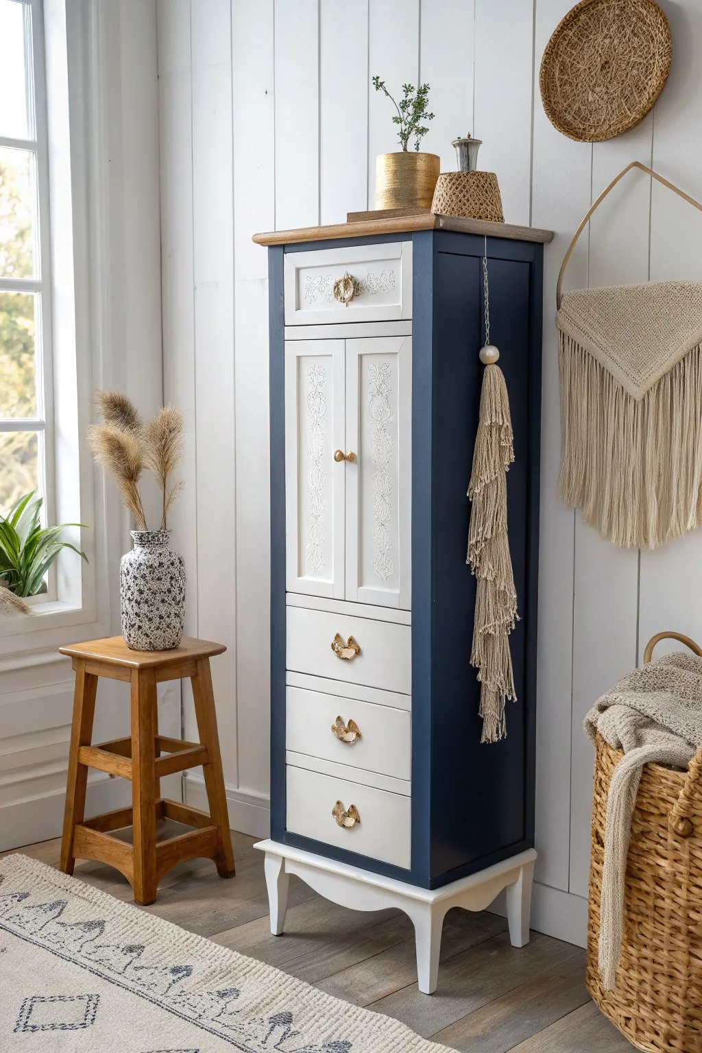 Transform your space with a bold navy and white jewelry armoire, where minimalism meets boho charm.