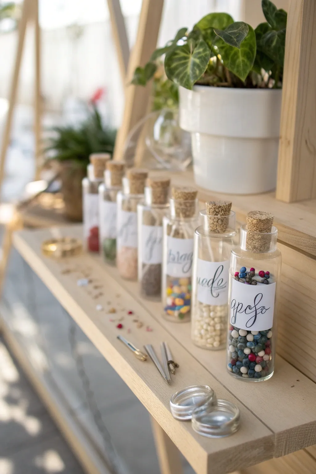 Embrace the art of organization with beautifully labeled containers for your jewelry-making treasures.