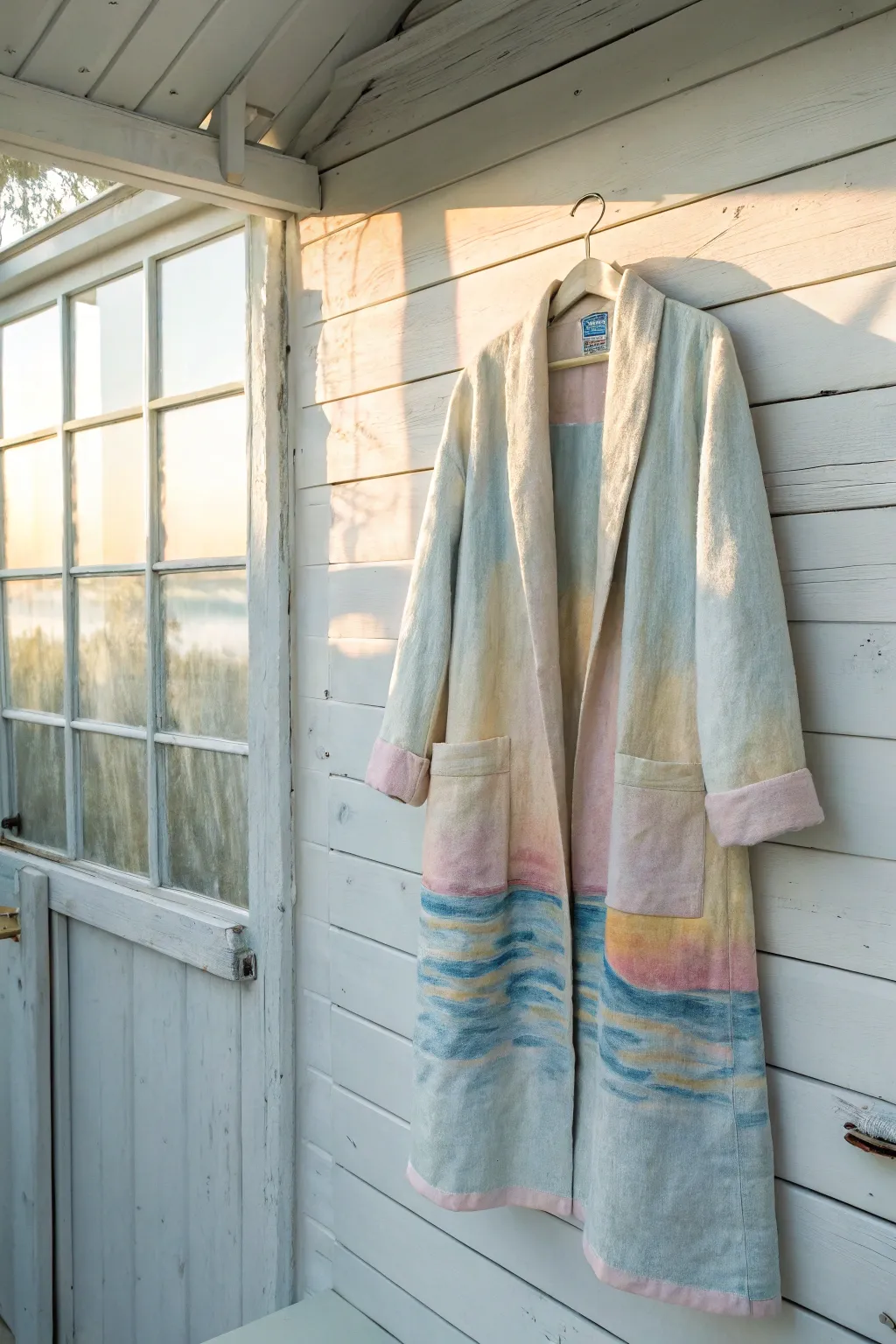 Embrace the art of simplicity and color with a watercolor-inspired coat that speaks to your creative soul.