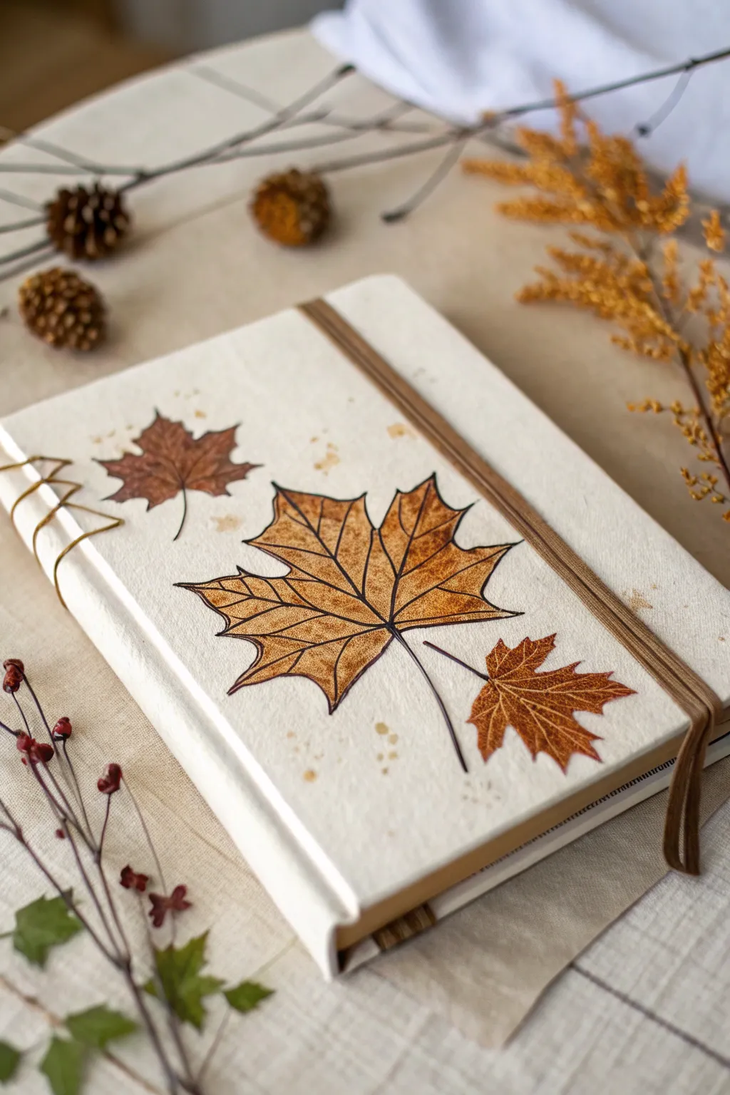 Embrace the beauty of autumn with a handcrafted journal cover that celebrates the season's warm, earthy tones.