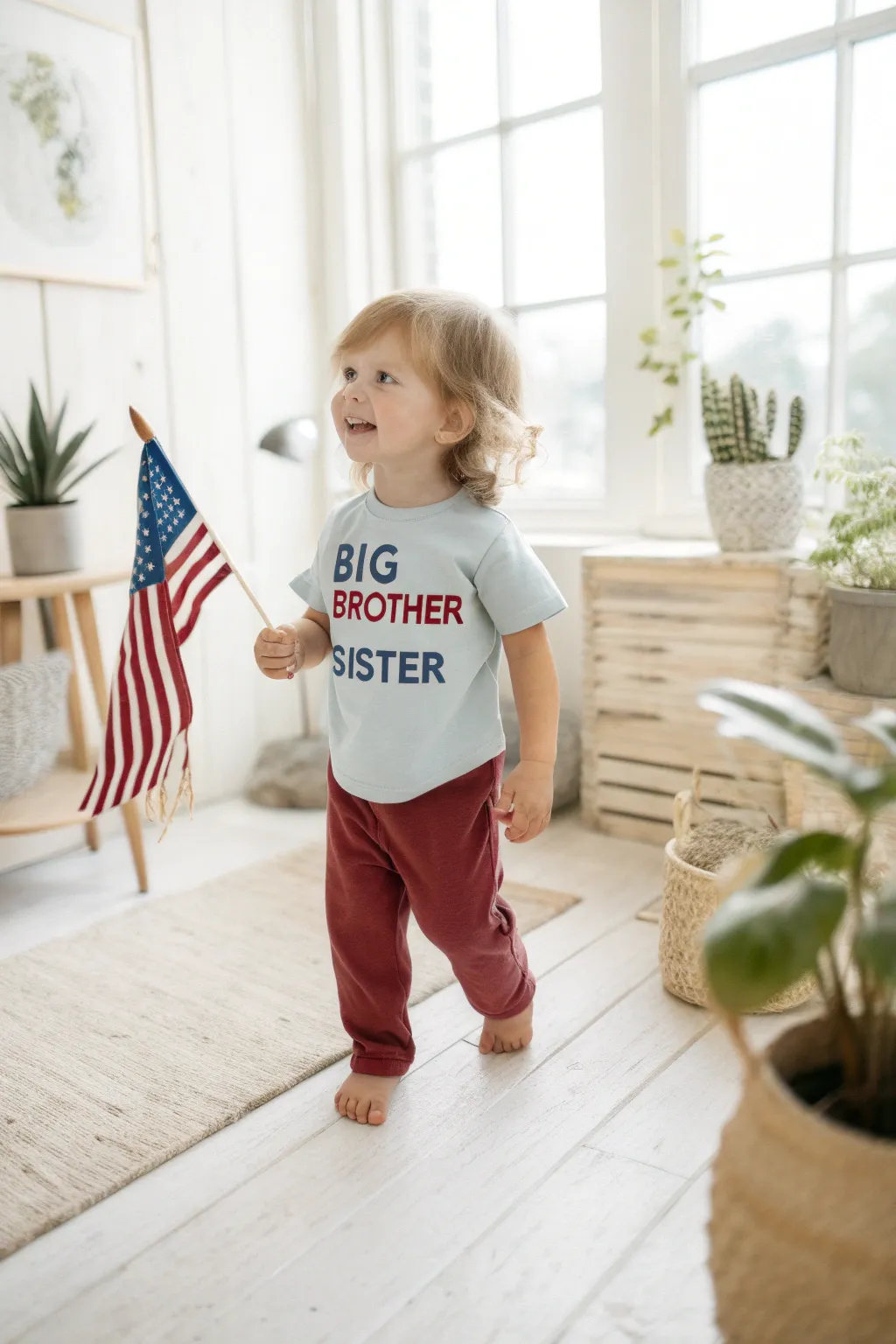 A joyful big sibling ready to share the news in style!