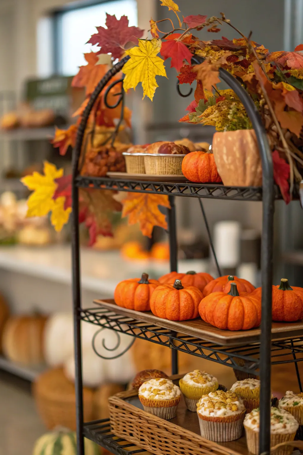 Seasonal decor keeps a bakers rack lively and dynamic.