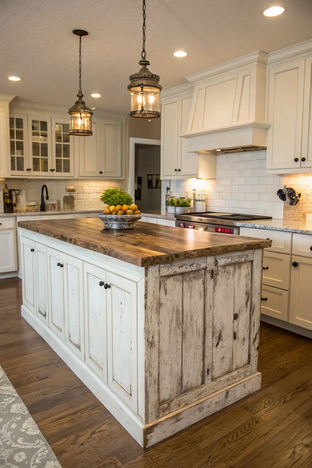 A kitchen featuring a rustic distressed island for a vintage touch against white cabinets.