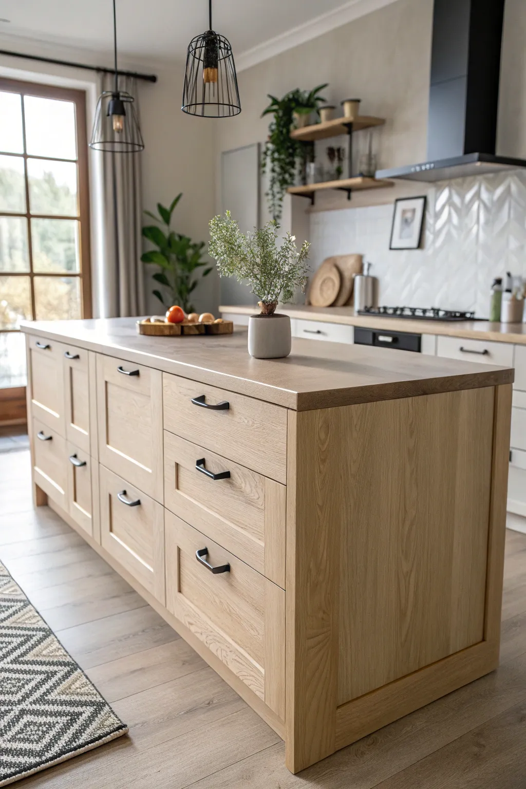 Elevate your kitchen with a stylish, functional island extension featuring built-in cabinets—where Scandinavian simplicity meets Boho charm.