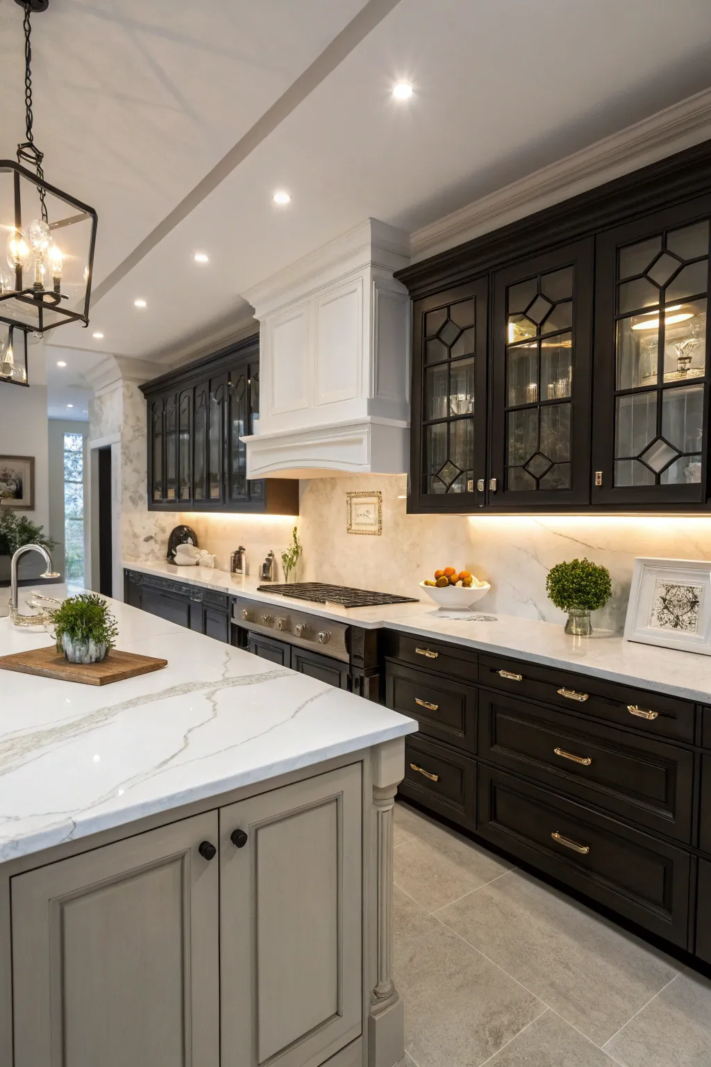 Dark cabinets provide a sophisticated contrast to the bright white countertops.