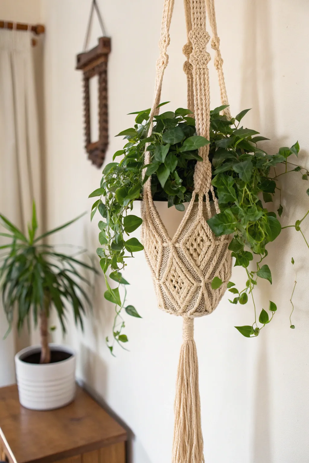 Elevate your greenery with a touch of boho charm using a handcrafted knitted plant hanger.