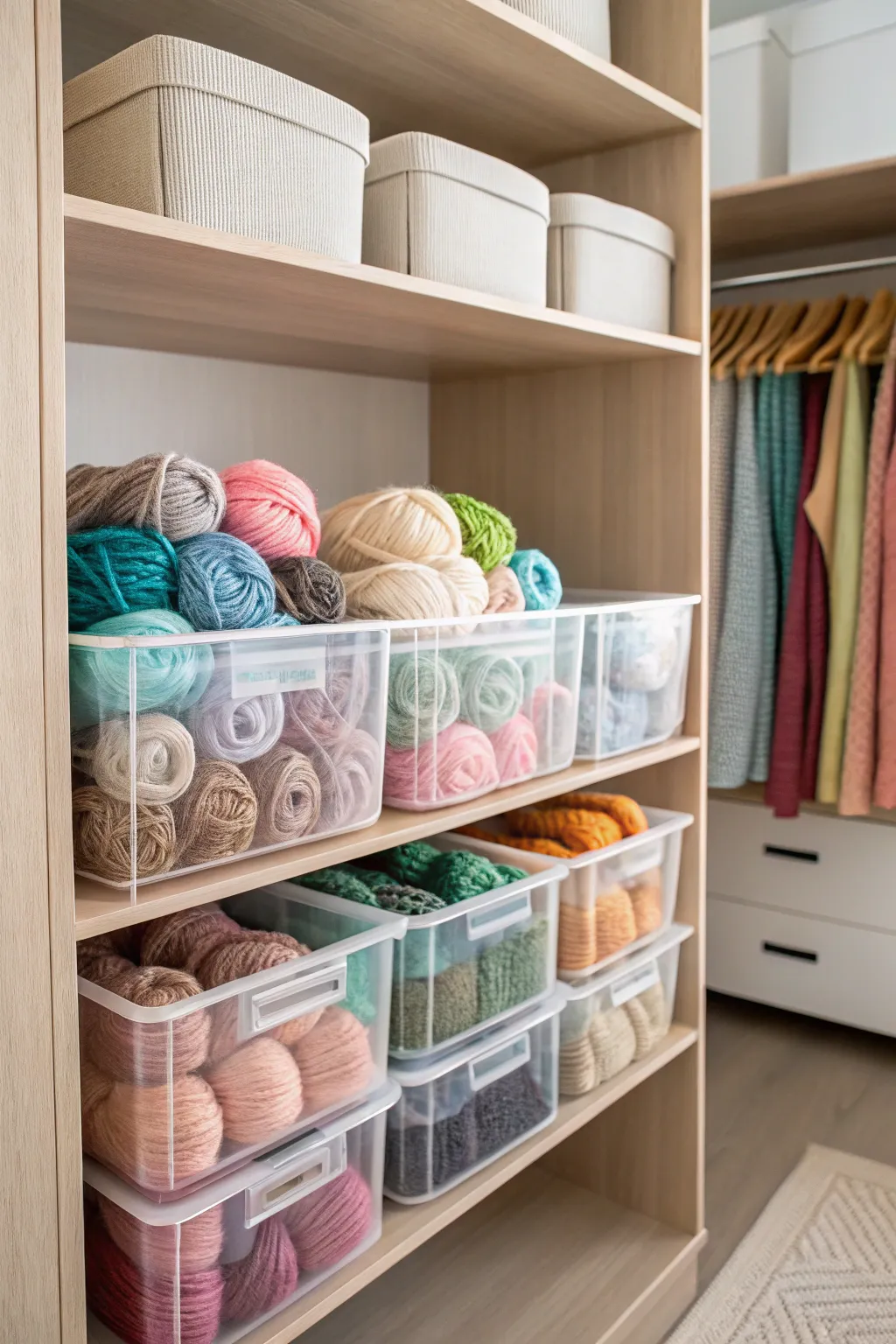 Transform your closet into a haven of serenity with clear bins for colorful yarn storage, blending Scandinavian functionality with Boho elegance.