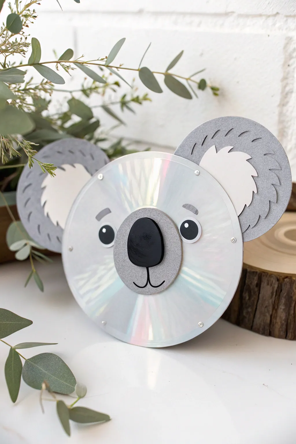 Transform old CDs into charming koala art with a minimalist touch!