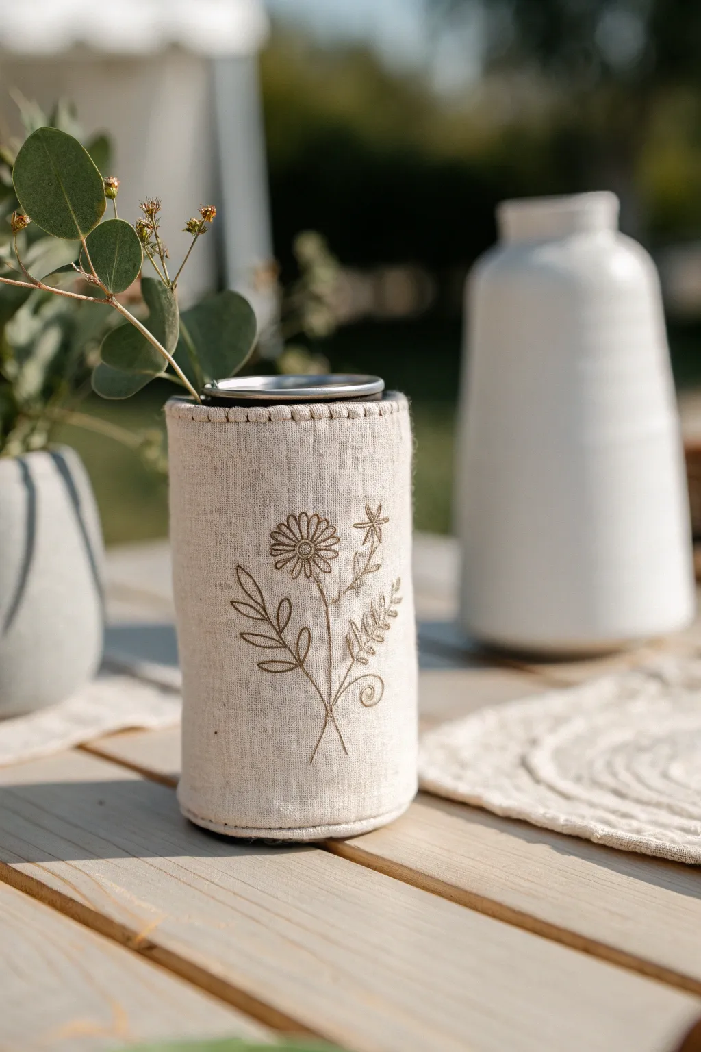 Elegance in simplicity: A bespoke koozie that captures the essence of your special day.