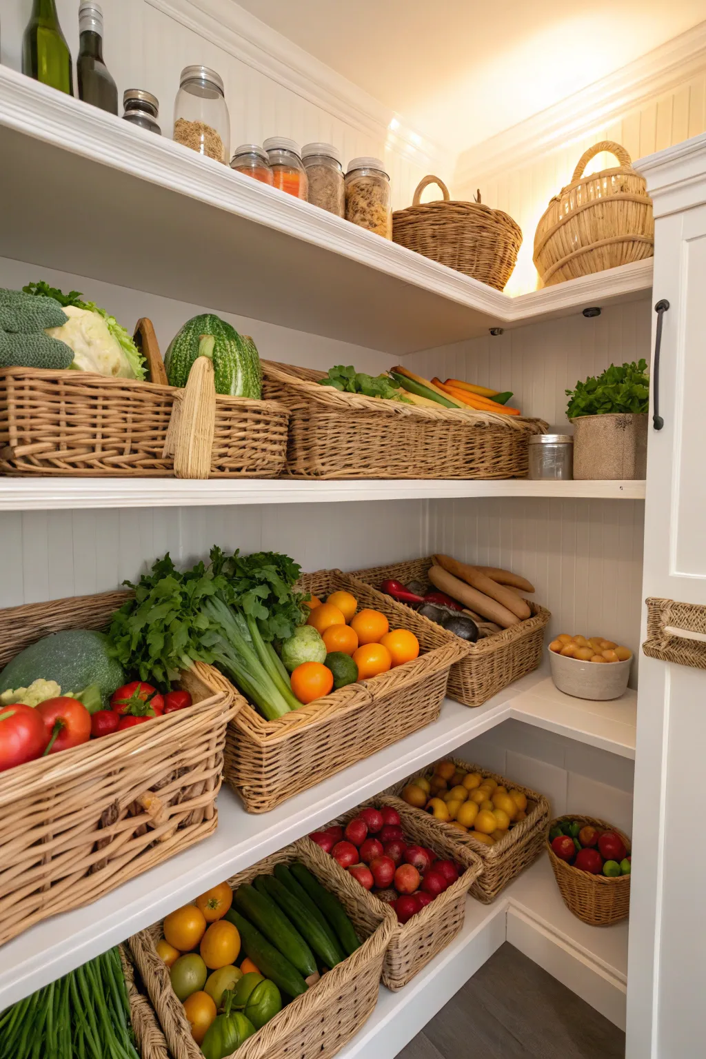 Wicker baskets bringing an organic texture to the organized L-shaped pantry.