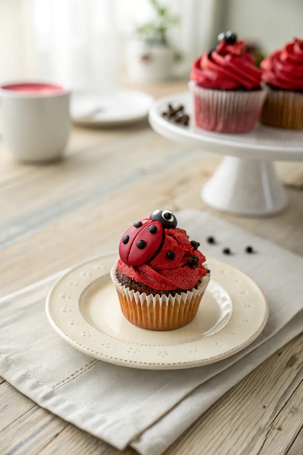 Simplicity meets sweetness: A charming ladybug cupcake adorned with mini chocolate chips.