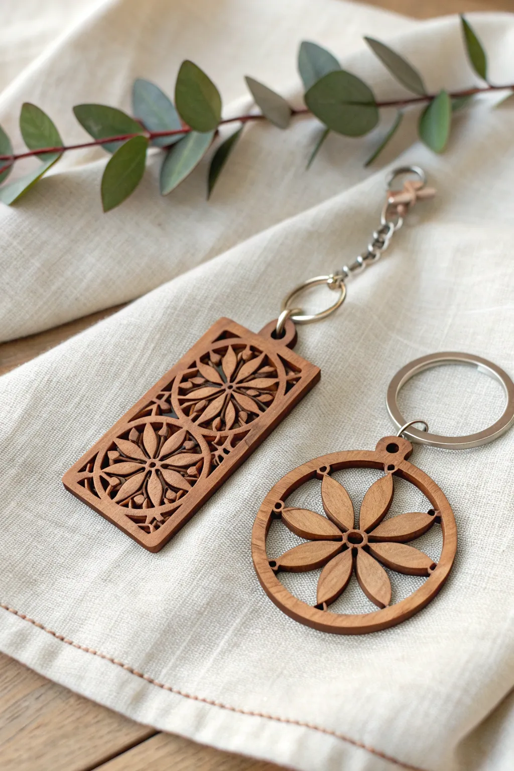 Embrace the charm of nature with uniquely crafted wooden keychains.