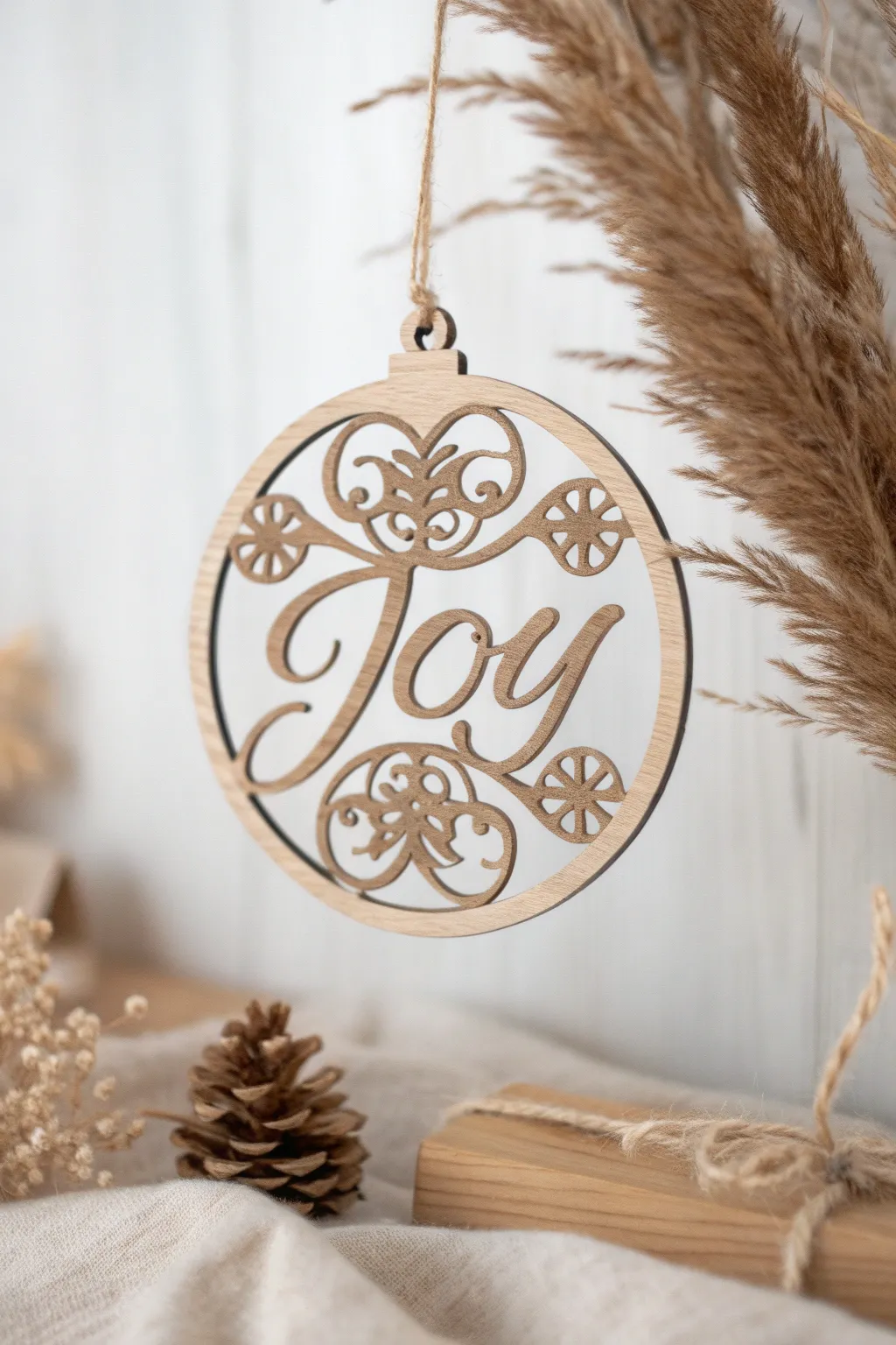 Elevate your holiday decor with this elegant 'Joy' ornament, where simplicity meets natural beauty.
