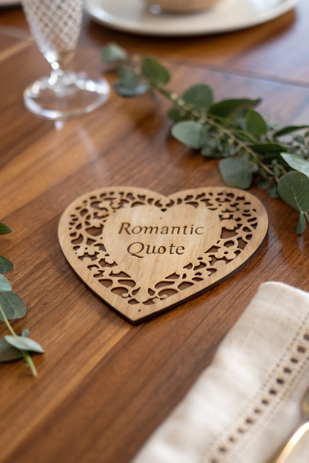 Add a touch of romance to your table with personalized heart-shaped coasters.