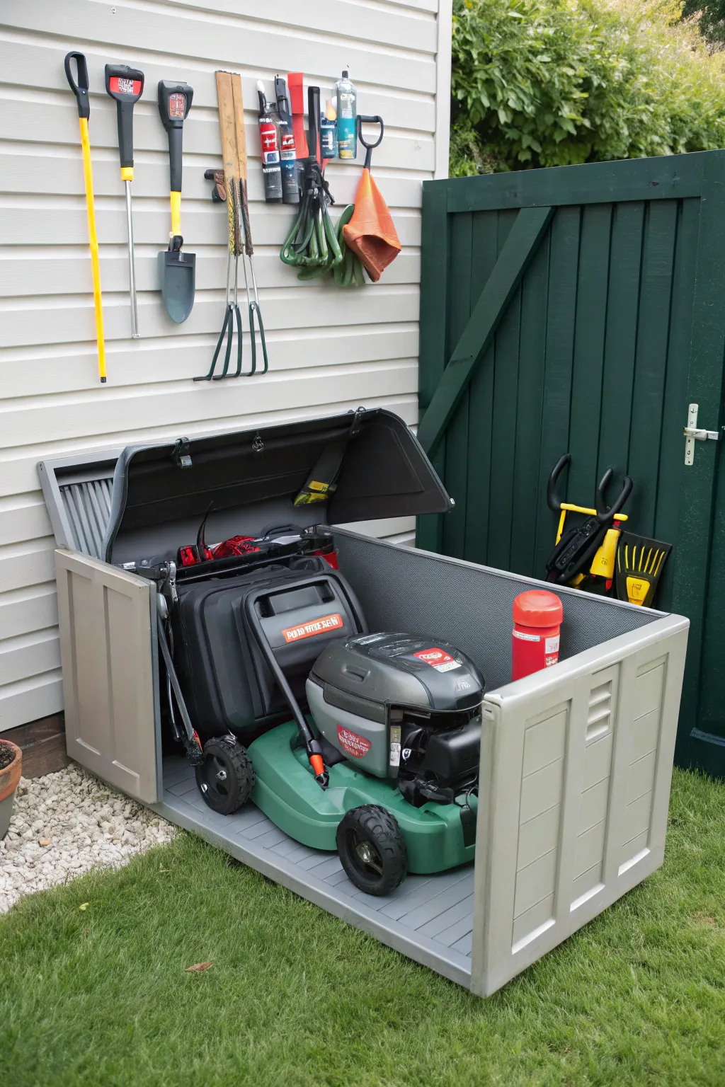 A compact garden storage box housing a lawn mower and tools.
