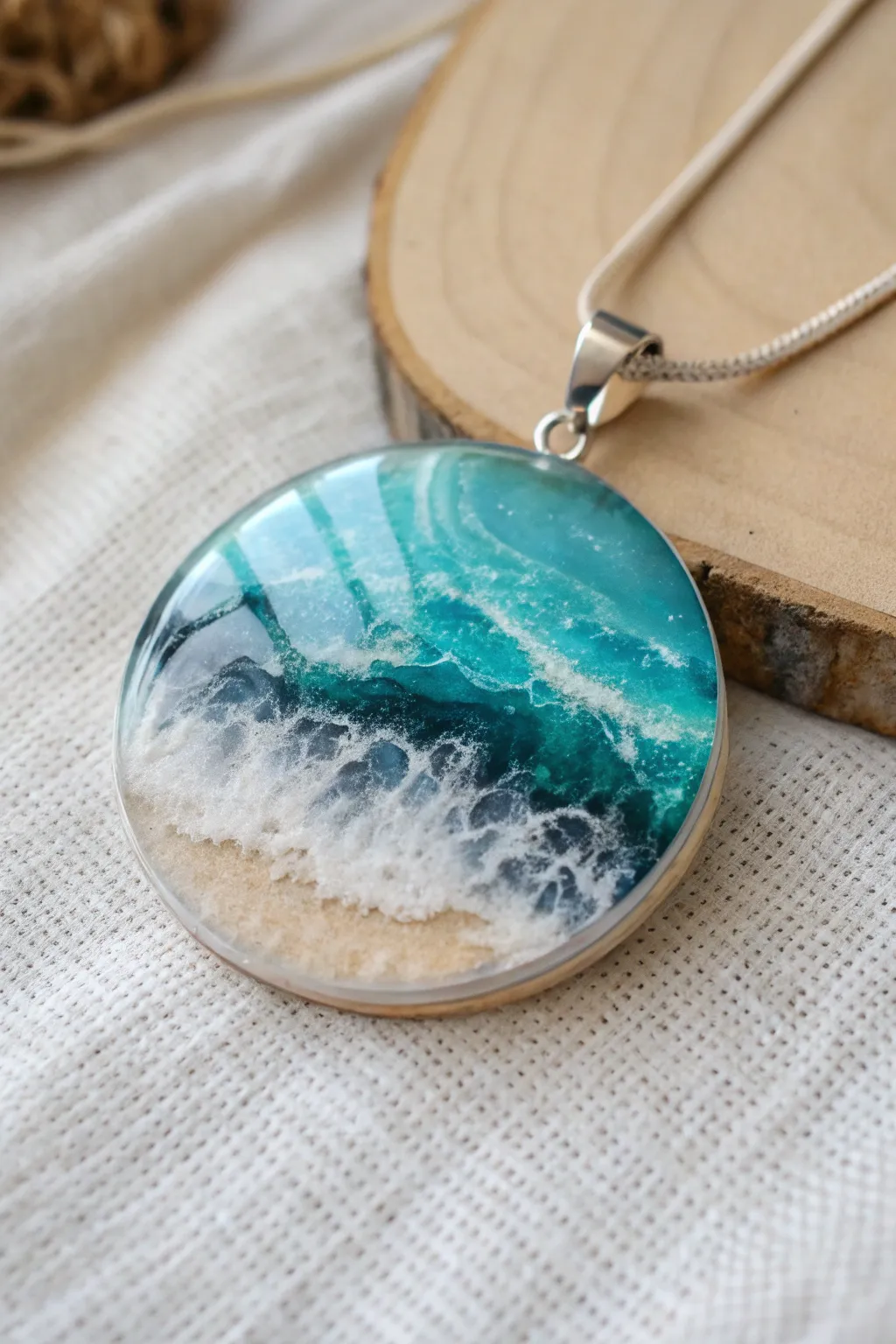 Dive into the serene beauty of layered resin art with this ocean-inspired pendant. Perfect for adding a touch of elegance to any setting.