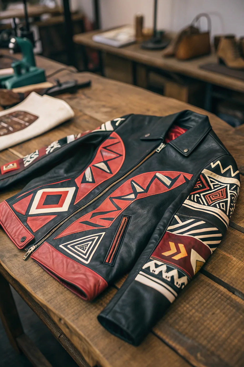 Stand out with bold abstract flair: a leather jacket that speaks volumes.