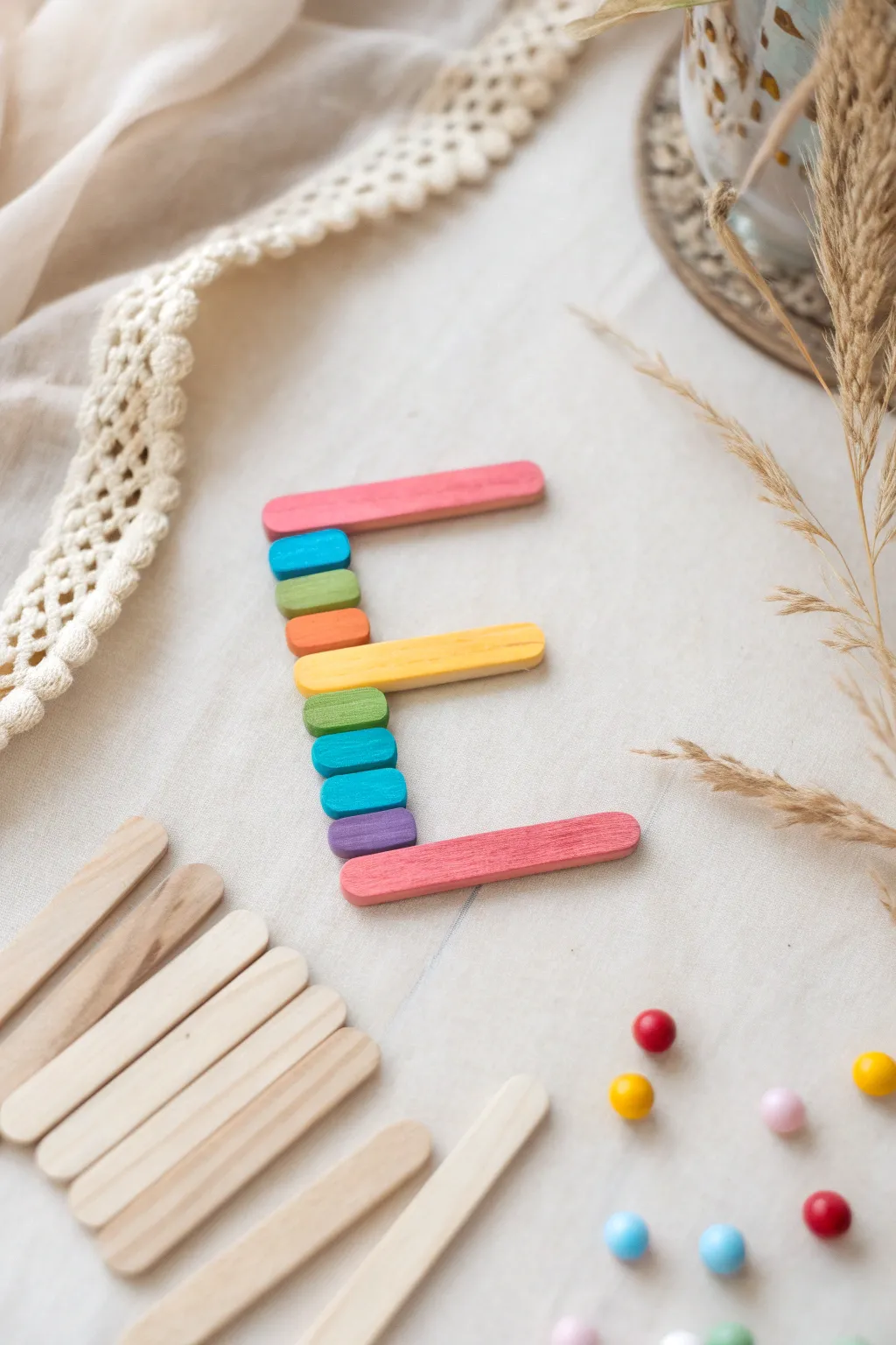 Craft your way to creativity with a vibrant popsicle stick 'E'!