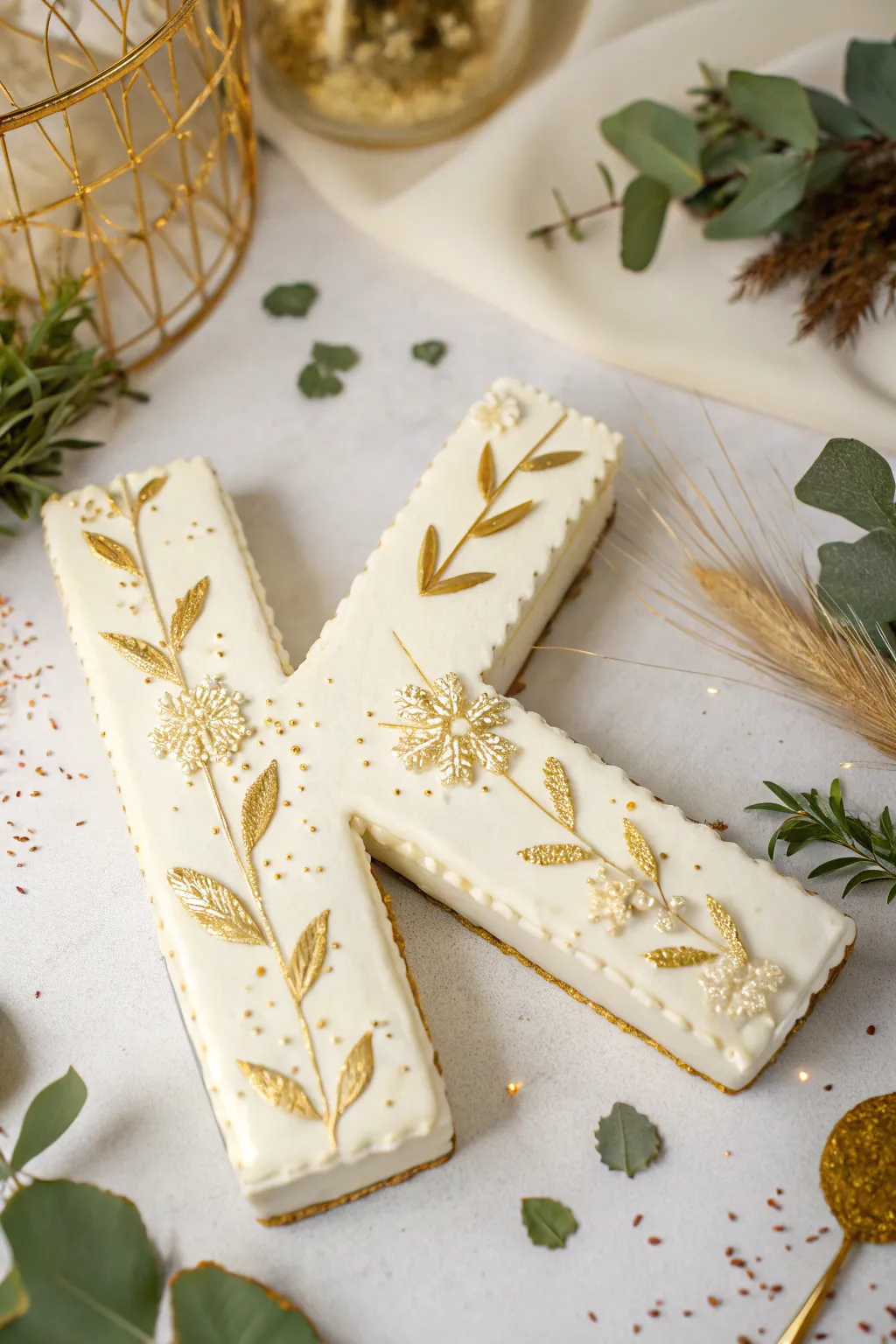 Transform simplicity into elegance with a gold-accented 'K' cake, perfect for those who cherish Scandinavian minimalism and Boho charm.