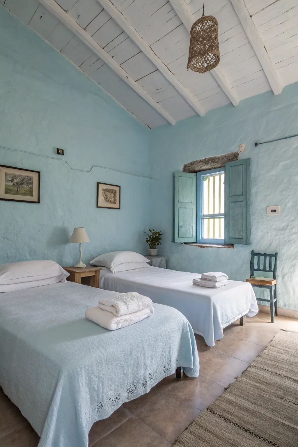 A refreshing bedroom with icy blue walls and minimalist decor.