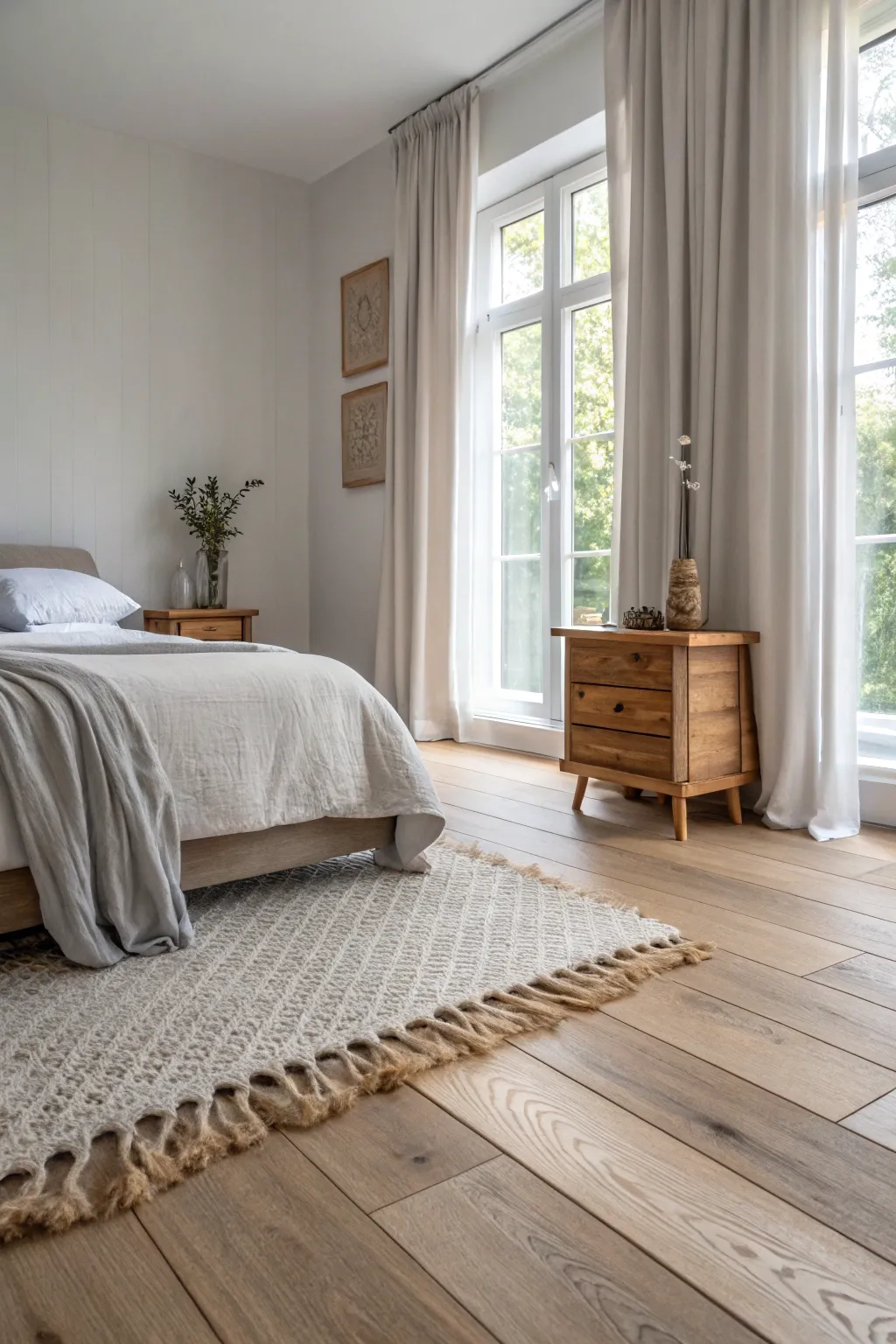 Light wood flooring enhances the warmth and style of a light gray bedroom. 🌟 #WoodFlooring #CozyVibes #HomeInspiration