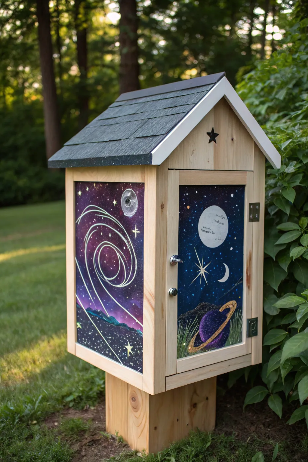 Discover a universe of imagination with each book borrowed from this celestial-inspired little free library.