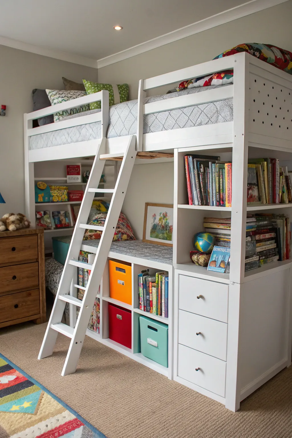 A storage ladder adds functionality to the loft bed.