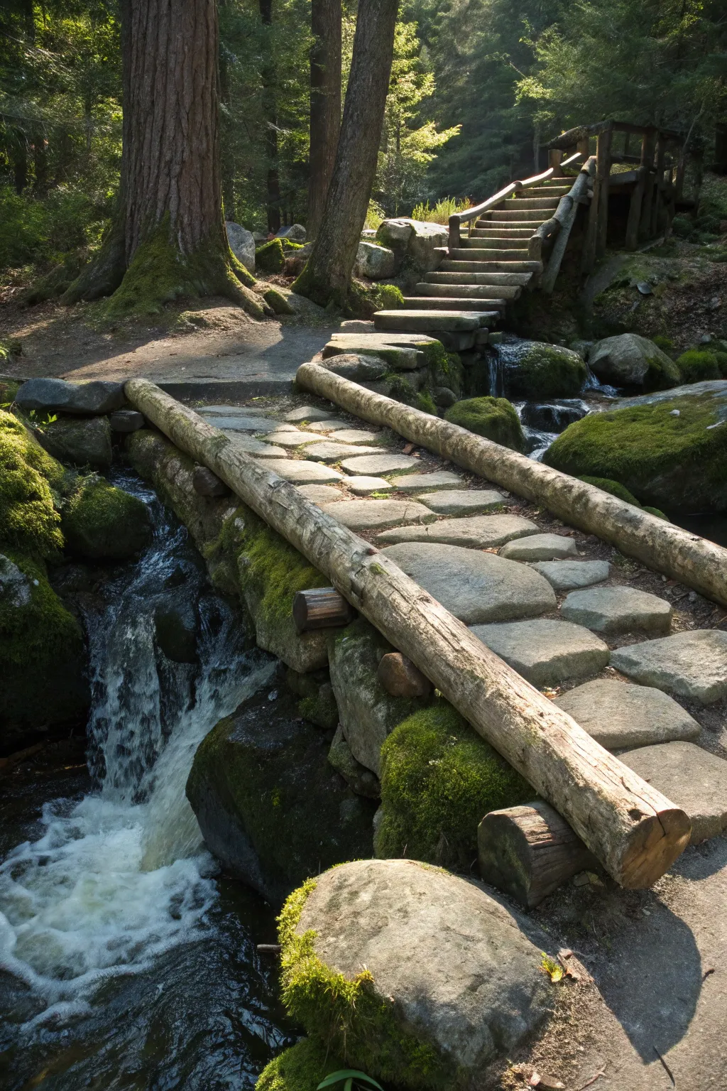 Step into a fairy tale with this rustic log bridge and stone path, where craftsmanship meets nature.