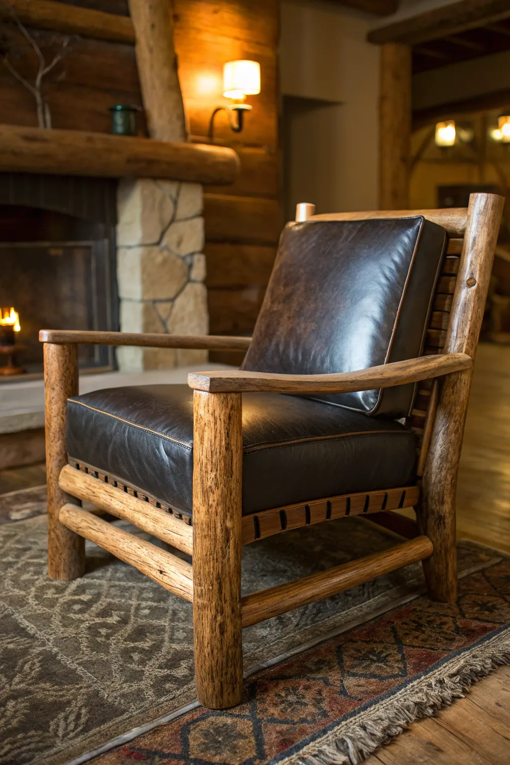 Elevate your space with the perfect blend of rustic charm and modern comfort: the log and leather chair.