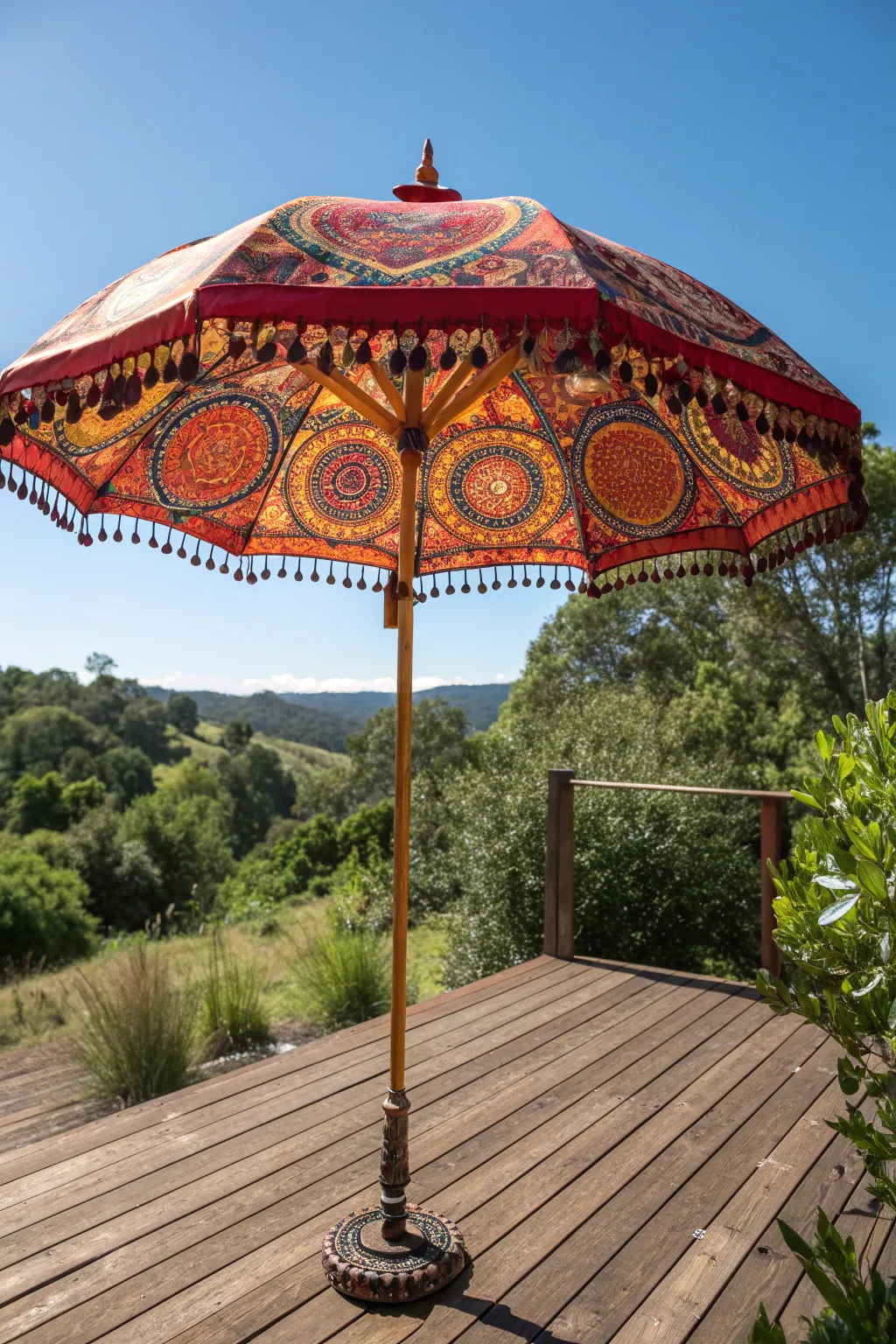Transform your patio into a vibrant oasis with a charming secondhand umbrella.