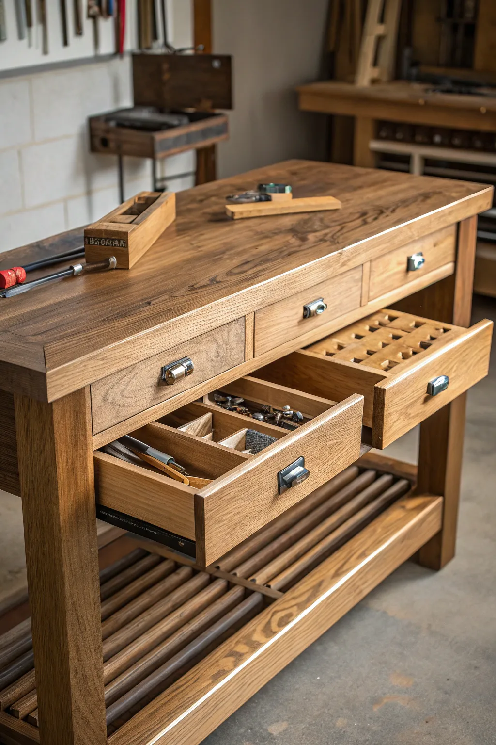 Maximize your workspace with elegant under-bench storage solutions.