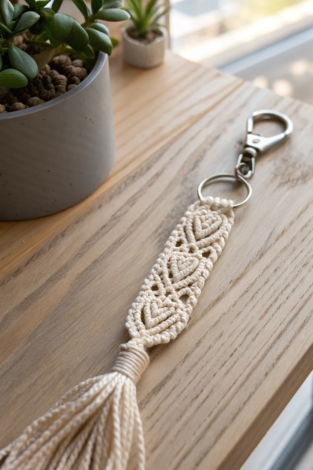 Capture hearts with this beautifully crafted macrame keychain, perfect for gifting.