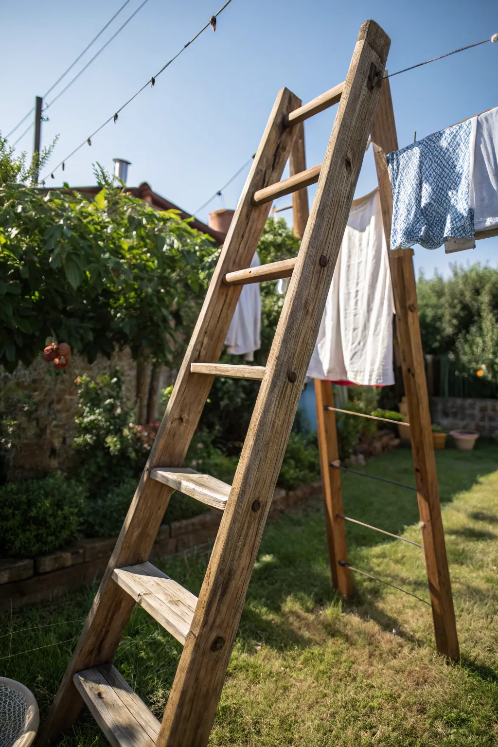 Transform your backyard with a touch of craftsmanship: an upcycled ladder clothesline.