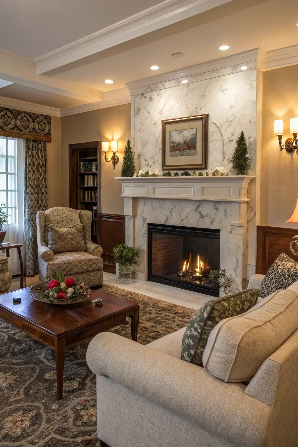 A marble fireplace adds elegance and warmth to living spaces.