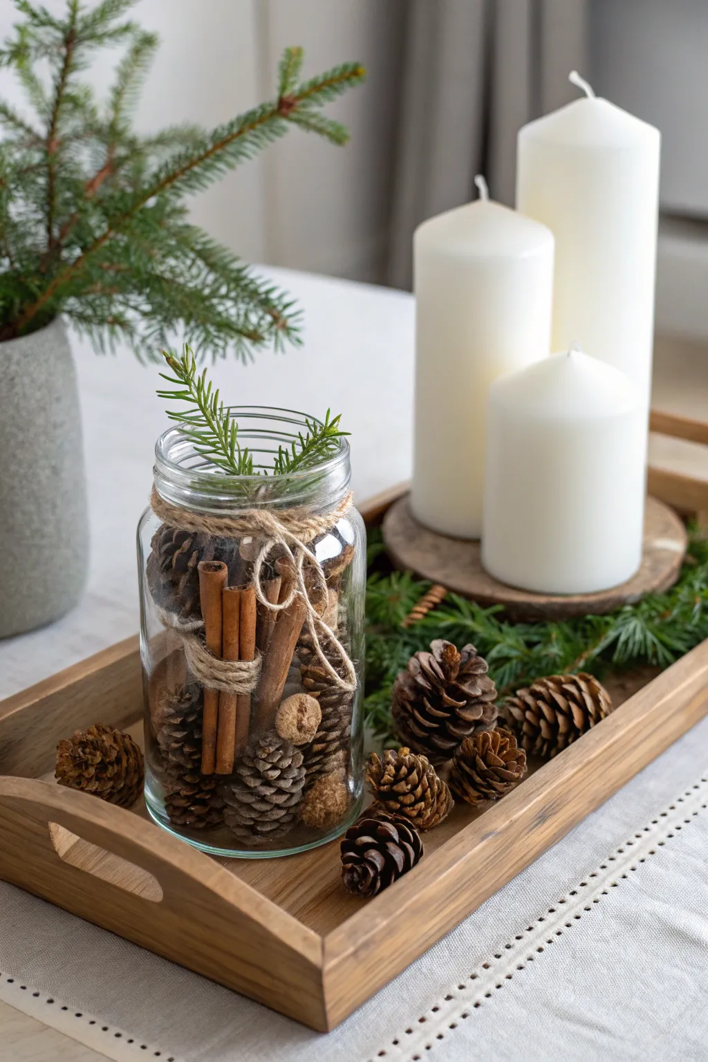 Elevate your holiday table with this charming mason jar centerpiece, where natural beauty meets minimalist style.