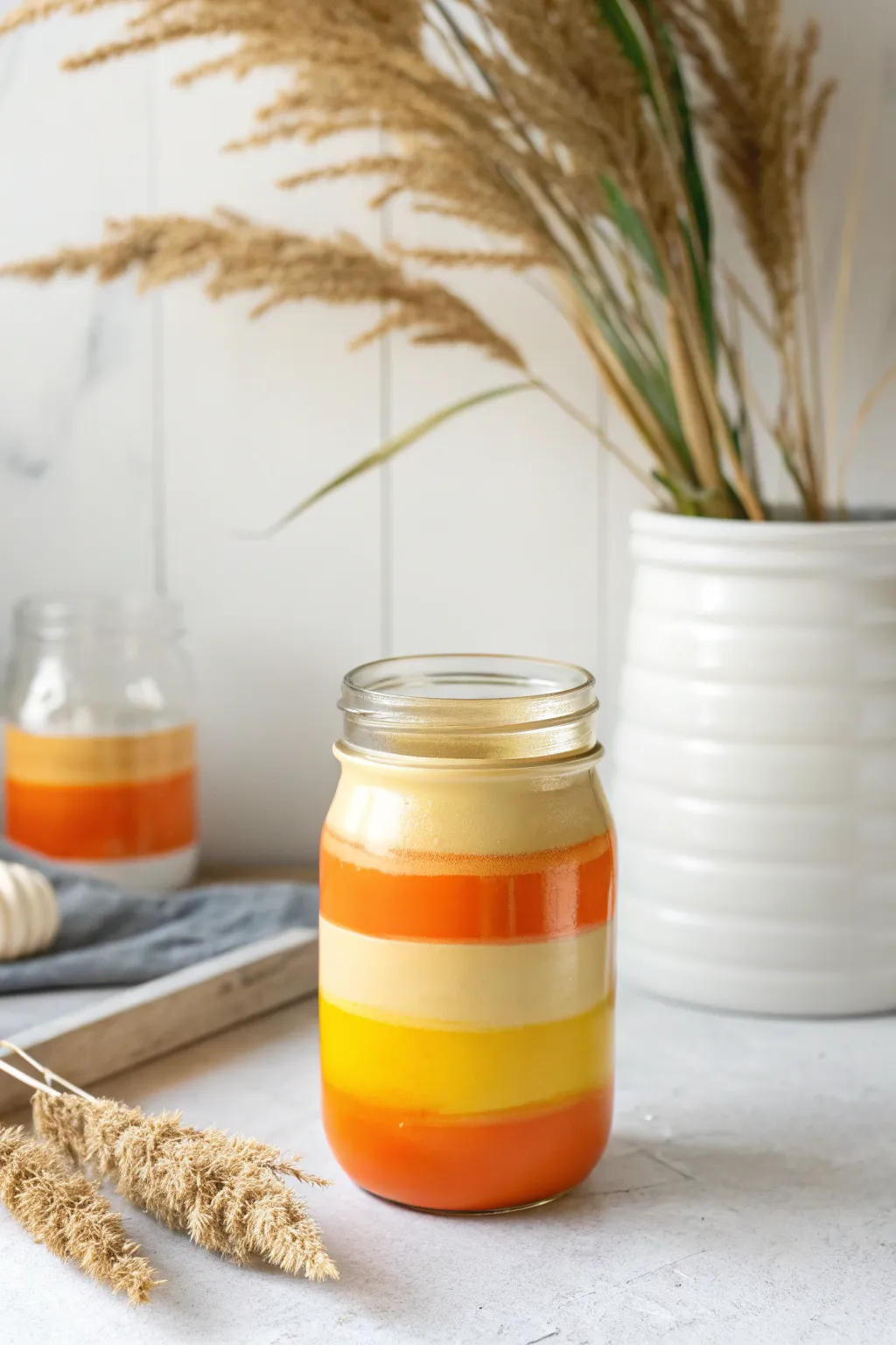 Add a touch of sweet simplicity to your Halloween decor with this candy corn-inspired mason jar!